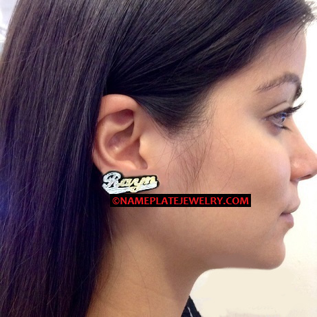 14K Gold Overlay 3D Unisex name earring studs with any color acrylic background/ PERSONALIZED